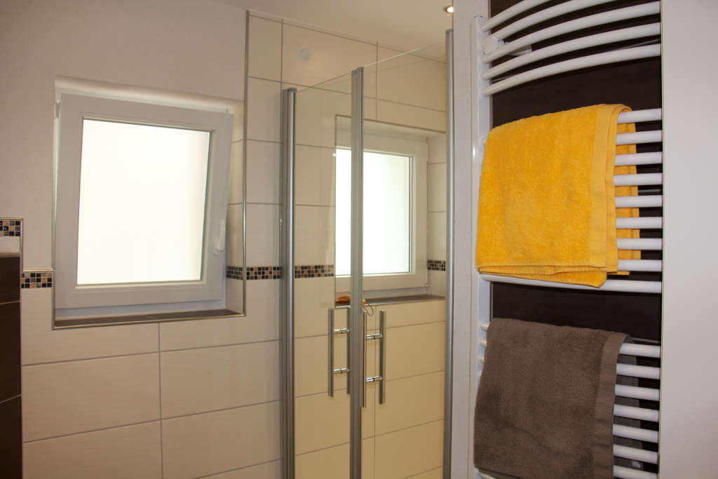 Bad: Dusche, 2 Fenster und Handtuchhalter